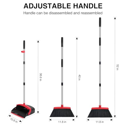 NACENA Broom and Dustpan Set, 52-in Long Adjustable Handle Broom Dustpan Combo with Dustpan Teeth to Automatically Clean Hair Suitable for Home Kitchen Office Hall Floor（Black&Red） - Image 2