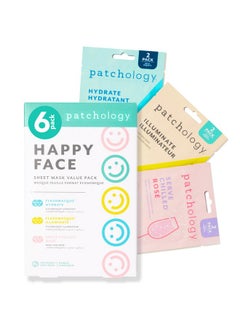 Patchology Patchology Face Mask Variety Pack - Brightening Face Mask with Vitamin C stimulates collagen, Hydrating Face Masks with Hyaluronic Acid soften skin, Renewing Face Masks with Strawberry (6 Masks)  - Image 1