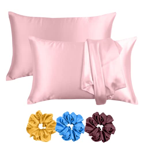 Riara Satin Silk Pillowcase Pillow Case Covers with Envelop Closure for Hair and Skin Home Bed Decor Set of 2 Pillowcase Free 3 Pc Scrunchie (Standard Size(20" 26"), Crystal Rose) - Image 1