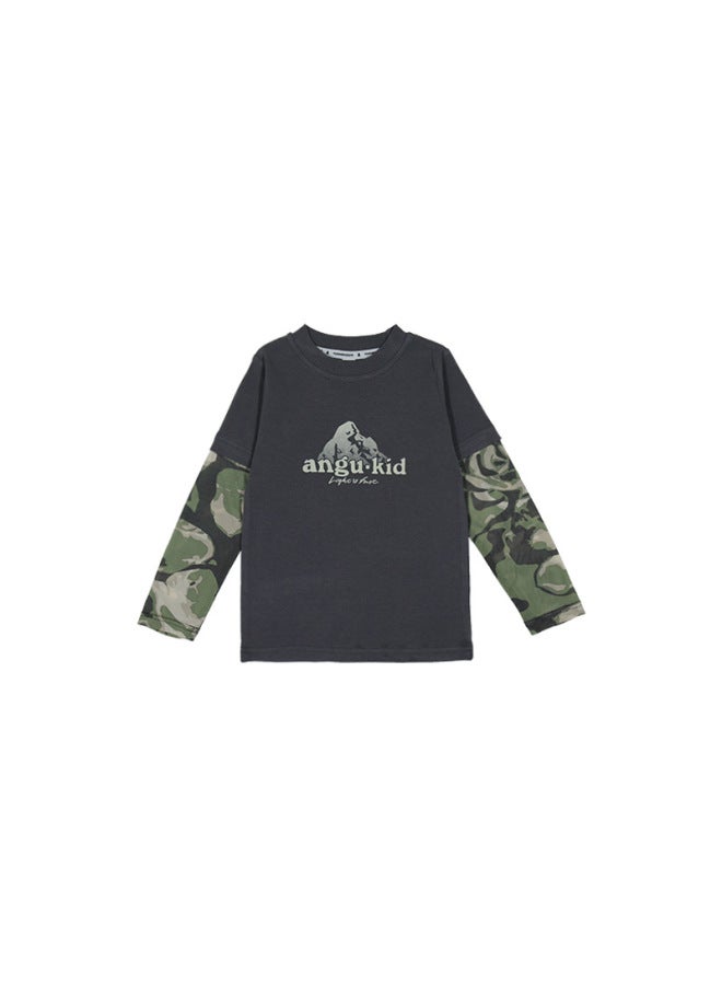 An Gu Yuan Bao Parent-child Matching Outfit Children's Long-sleeve T-shirt  Spring And Autumn New Style Girls' Fake Two-piece Top With Sheer Breathable Fabric