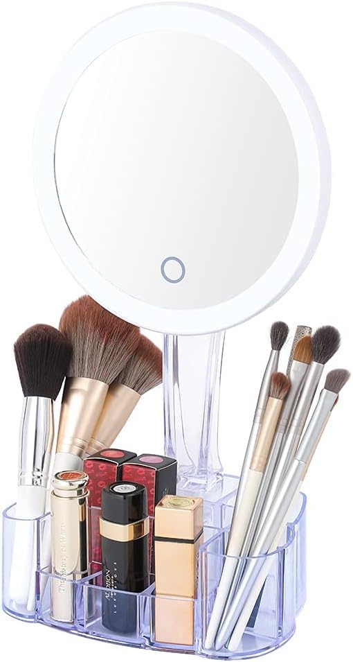 Home Elements HOME ELEMENTS Makeup Vanity LED Mirror with Cosmetic Organizer Base Portable Lighted Makeup Mirror for Travel Living Room 1X Magnification 90 Adjustable Rotation and Touch Screen Control White  - Image 1