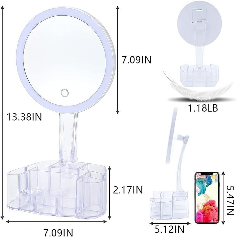 Home Elements HOME ELEMENTS Makeup Vanity LED Mirror with Cosmetic Organizer Base Portable Lighted Makeup Mirror for Travel Living Room 1X Magnification 90 Adjustable Rotation and Touch Screen Control White  - Image 3