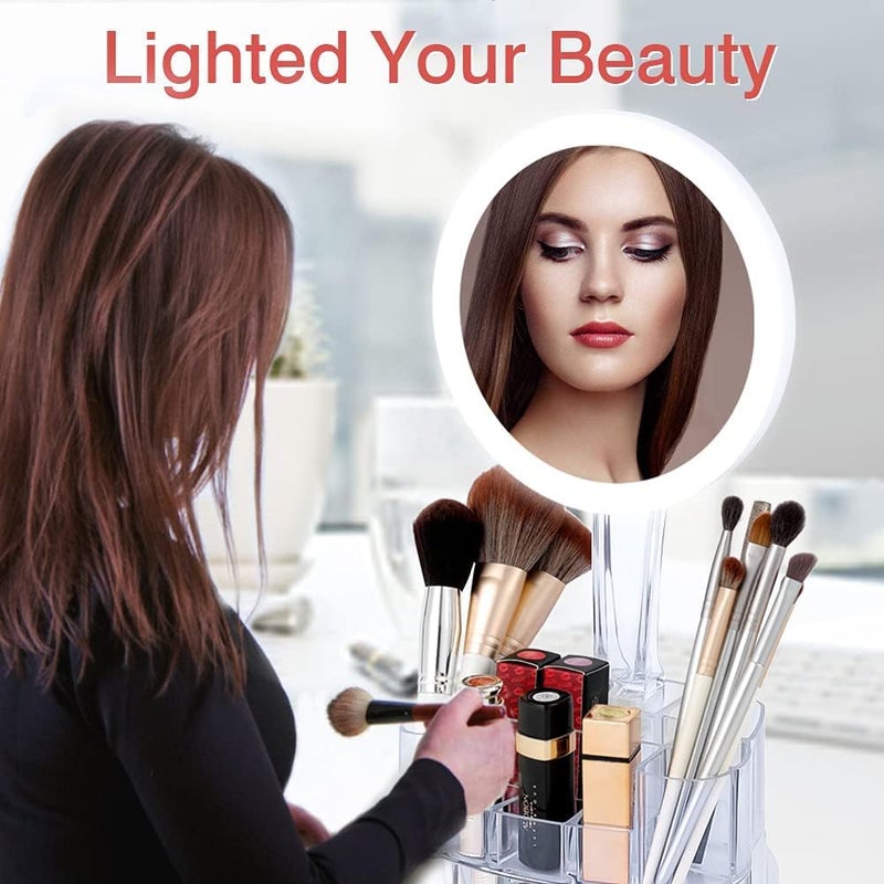 Home Elements HOME ELEMENTS Makeup Vanity LED Mirror with Cosmetic Organizer Base Portable Lighted Makeup Mirror for Travel Living Room 1X Magnification 90 Adjustable Rotation and Touch Screen Control White  - Image 5