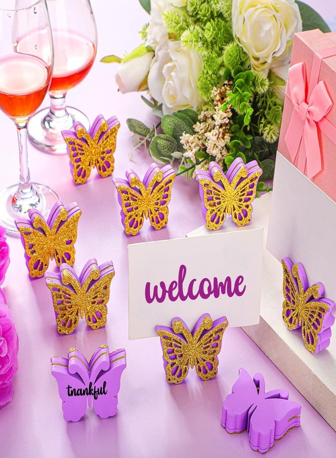 Janlaugh 24 Pcs Butterfly Birthday Party Decor Butterfly Wood Place Card Holder for Table Centerpieces Table Number Stand Holder Wedding Baby Shower Party Decor(Purple, Gold) - Image 4