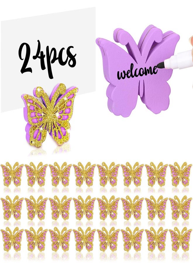 Janlaugh 24 Pcs Butterfly Birthday Party Decor Butterfly Wood Place Card Holder for Table Centerpieces Table Number Stand Holder Wedding Baby Shower Party Decor(Purple, Gold) - Image 1