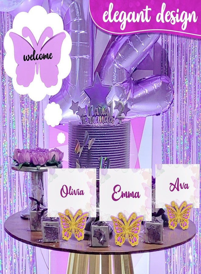 Janlaugh 24 Pcs Butterfly Birthday Party Decor Butterfly Wood Place Card Holder for Table Centerpieces Table Number Stand Holder Wedding Baby Shower Party Decor(Purple, Gold) - Image 5