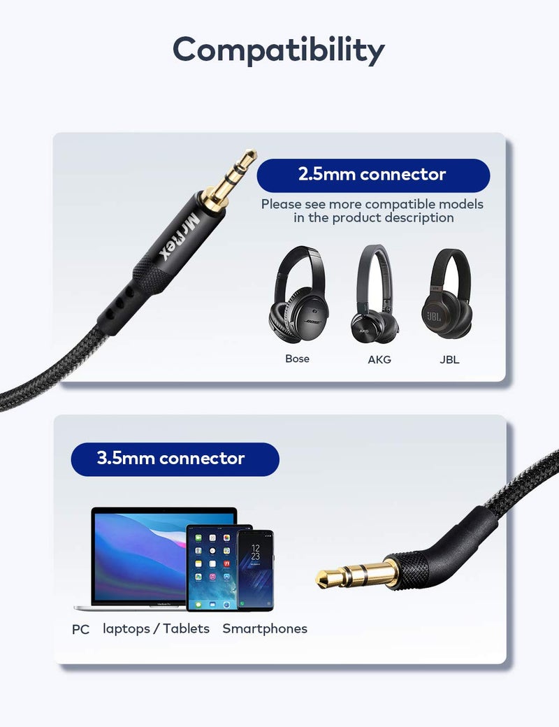 مستر ريكس كابل صوتي بديل من بمقاس 2.5 مم إلى 3.5 مم للسماعات الرأسية - متوافق مع سماعات Bose 700 QuietComfort QC35، QC25، JBL E45BT، E55BT، E65BTNC و AKG Y55، Y50، Y45BT (طول 1.5 متر، لون أسود) - Image 2