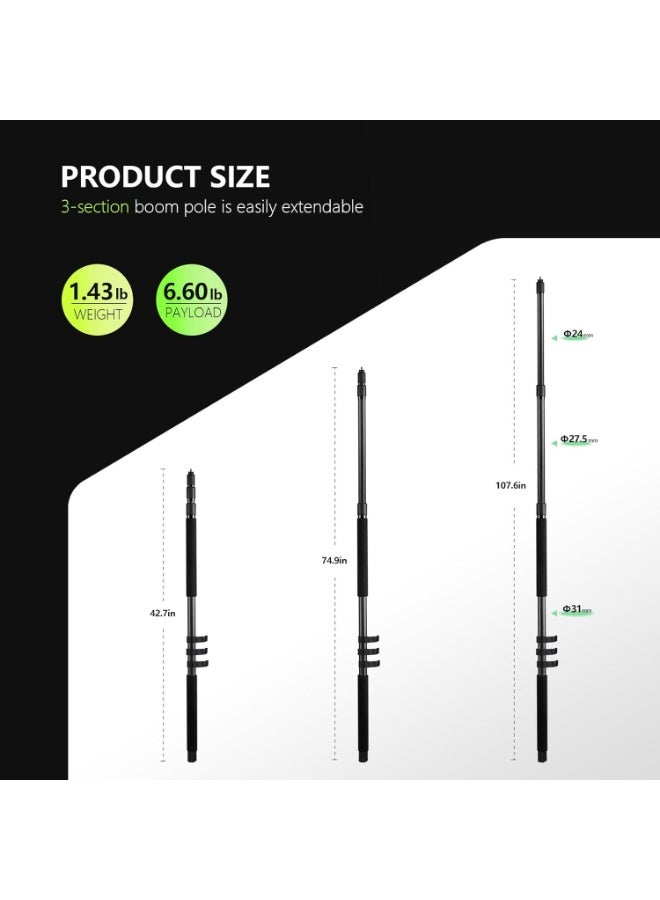 RAUBAY MA01 Microphone Boom Arm – 3-Section Extendable Carbon Fiber Boom Pole, 3.6ft to 9ft Adjustable Length, Built-In Cable Channel, 1/4" & 3/8" Screw, For Filmmaking, Interviews & Broadcasting - Image 2
