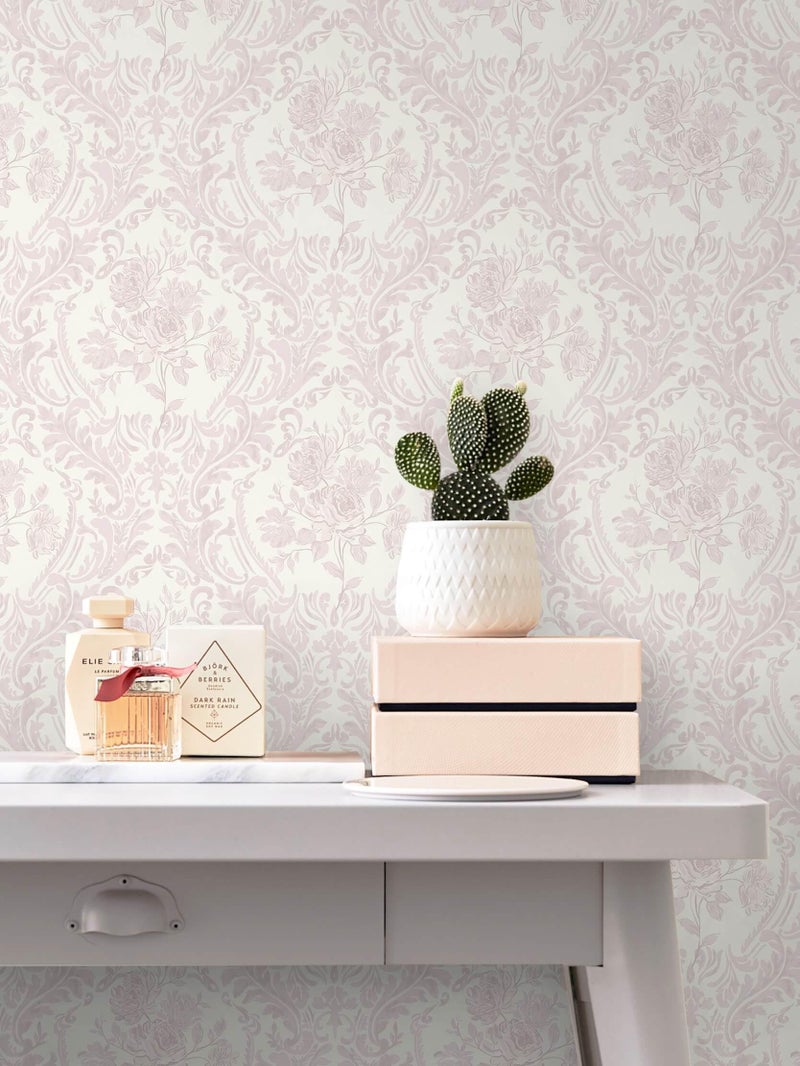 Ismoon Peel and Stick Wallpaper Vintage Floral Contact Paper Boho Watercolor Pink Damask Wallpaper Textured Removable Self Adhesive Vinyl Wall Paper for Bedroom, 17.3 in X 6.5 ft - Image 4
