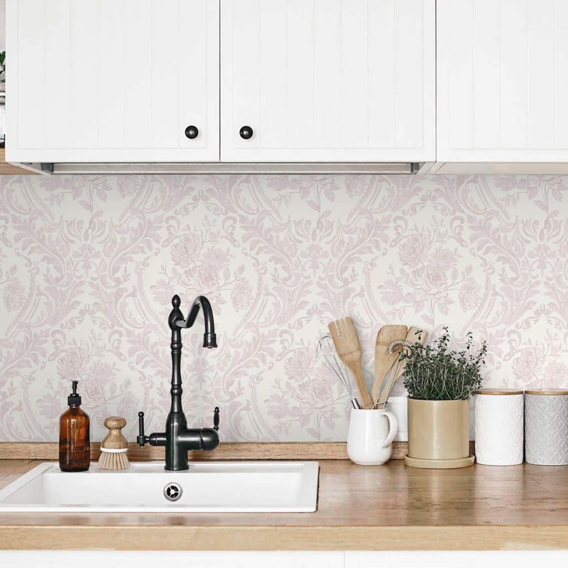 Ismoon Peel and Stick Wallpaper Vintage Floral Contact Paper Boho Watercolor Pink Damask Wallpaper Textured Removable Self Adhesive Vinyl Wall Paper for Bedroom, 17.3 in X 6.5 ft - Image 2