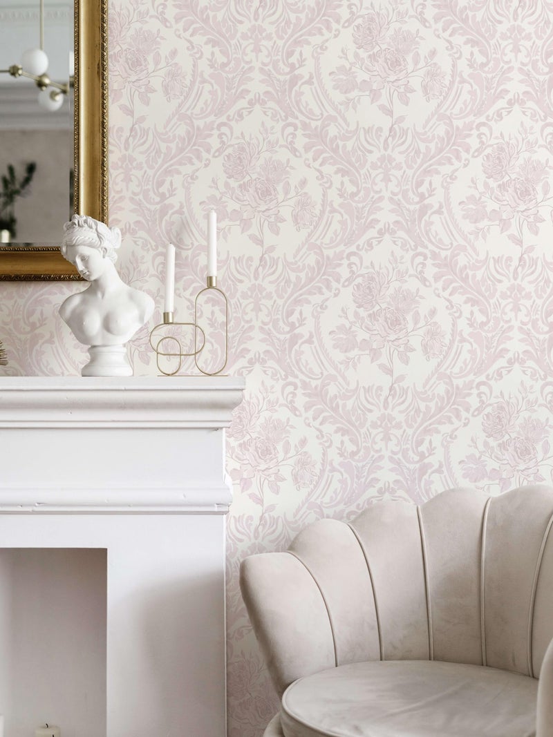 Ismoon Peel and Stick Wallpaper Vintage Floral Contact Paper Boho Watercolor Pink Damask Wallpaper Textured Removable Self Adhesive Vinyl Wall Paper for Bedroom, 17.3 in X 6.5 ft - Image 3