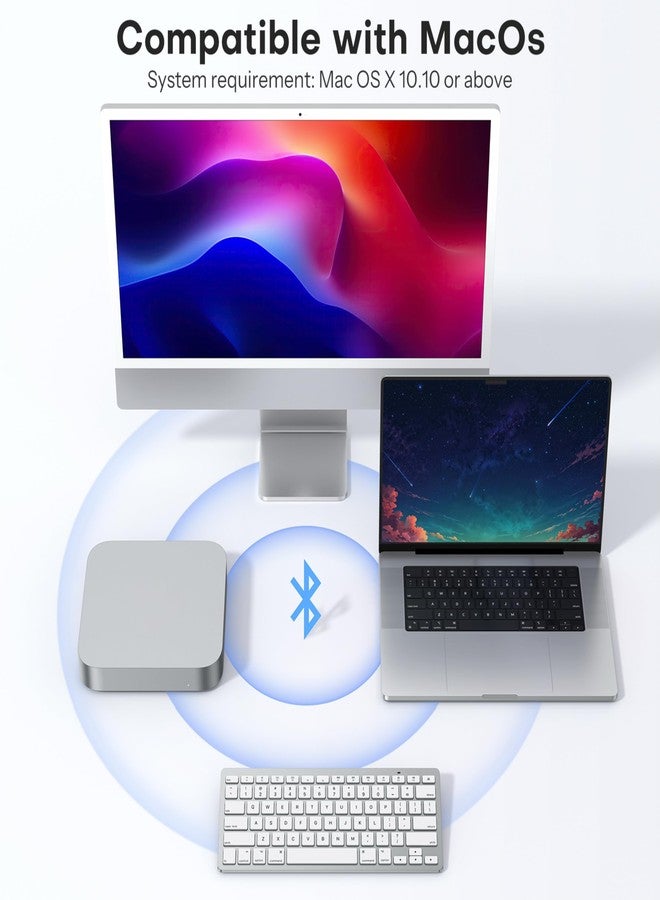 أوموتون لوحة مفاتيح لاسلكية من OMOTON لأجهزة Mac/MacBook Pro/Air، مزودة بـ 14 اختصارًا للوسائط، تصميم نحيف وقابل للحمل، لوحة مفاتيح بلوتوث مستقرة، لون فضي أبيض - Image 2