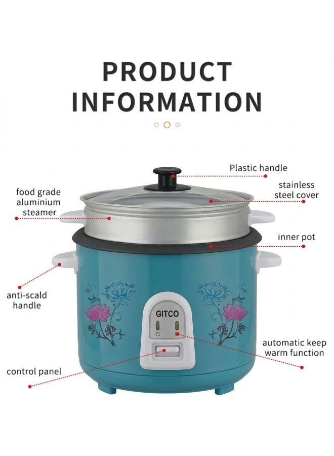 GITCO 3 in 1 Electric Rice Cooker 1.2 L With Non-Stick Inner Pot, Stainless Steel Lid, A Rice Scoop and Measuring Cup, Includes Cook, Steam and Keep Warm Function with Indicator Light/ Cool Touch Handle with Aluminum Outer Steamer 400 W GRC8000 - Image 4