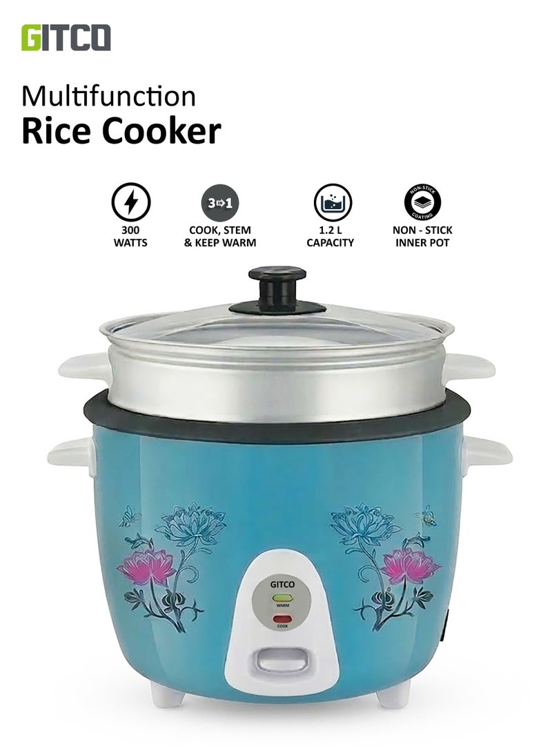 GITCO 3 in 1 Electric Rice Cooker 1.2 L With Non-Stick Inner Pot, Stainless Steel Lid, A Rice Scoop and Measuring Cup, Includes Cook, Steam and Keep Warm Function with Indicator Light/ Cool Touch Handle with Aluminum Outer Steamer 400 W GRC8000 - Image 1