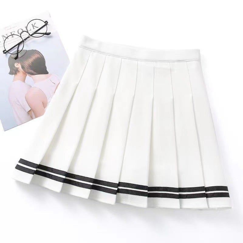 in stock high waist pleated skirt short skirt womens autumn skirt academic style Korean solid color anti-glare A- line skirt wholesale White skirt with black stripes 