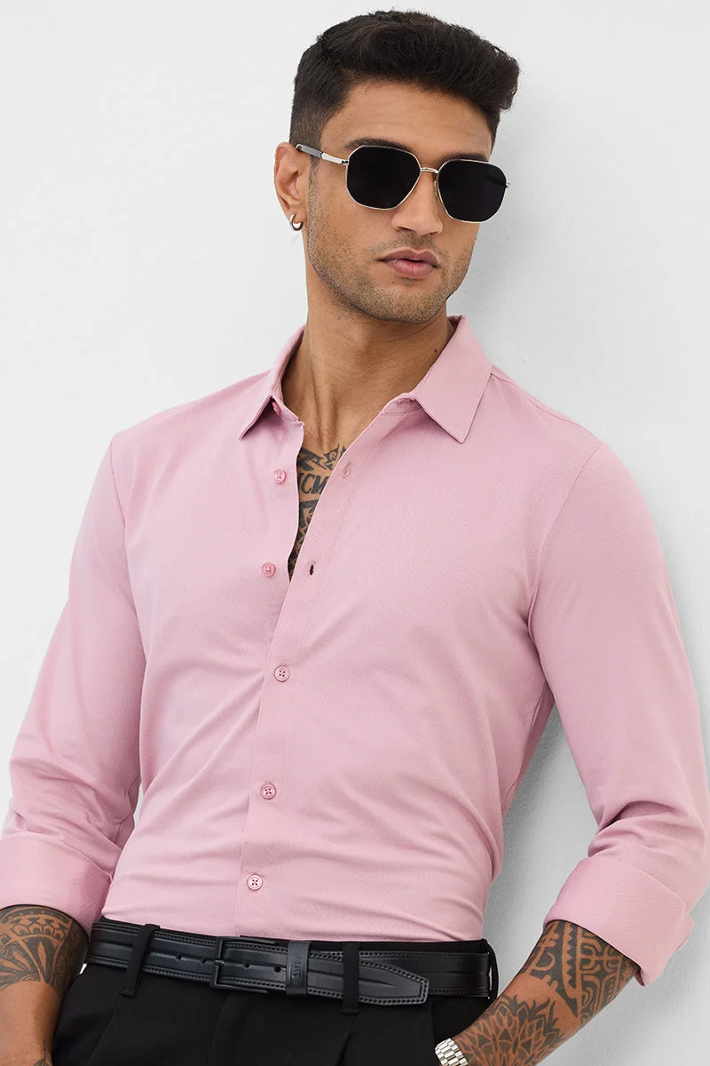 SNITCH Light Pink Solid Long Sleeve Slim Fit Formal Shirt
