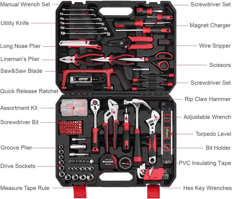 Eastvolt 218-Piece Household Tool Kit, Auto Repair Tool Set, Tool Kits for Homeowner, Plier, Screwdriver Set, Socket Kit and Toolbox Storage Case,Black + Red - Image 2