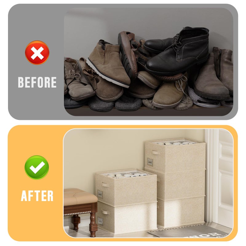 FHSQX 4 Pack Shoe Organizer for Closet,Foldable Shoe Organizer,Fits up to 48 Pairs,Storage Containers With Bottom Support for Shoes (Beige, (16.5 * 12.6 * 9.5) x4) - Image 3