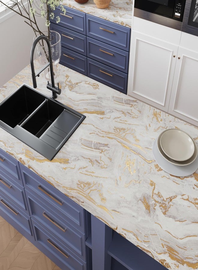 CRE8TIVE 24"x118" Wide Beige Gold Marble Contact Paper Matte Marble Wallpaper Peel and Stick Countertops Waterproof Self Adhesive Removable Renter Friendly Wallpaper for Kitchen Cabinets Table Tops - Image 2