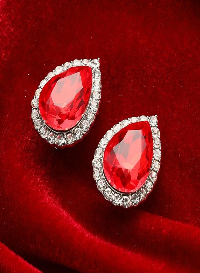 YINLI Gorgeous Austrian Crystal Rhinestone Teardrop Clip on Earrings Trendy Earring (Red) - Image 2
