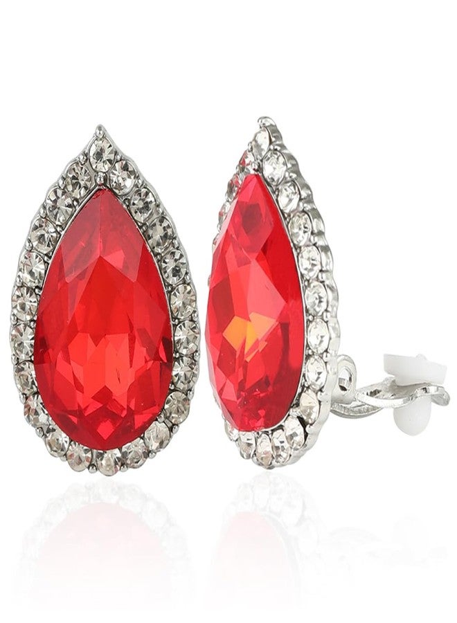 YINLI Gorgeous Austrian Crystal Rhinestone Teardrop Clip on Earrings Trendy Earring (Red) - Image 1