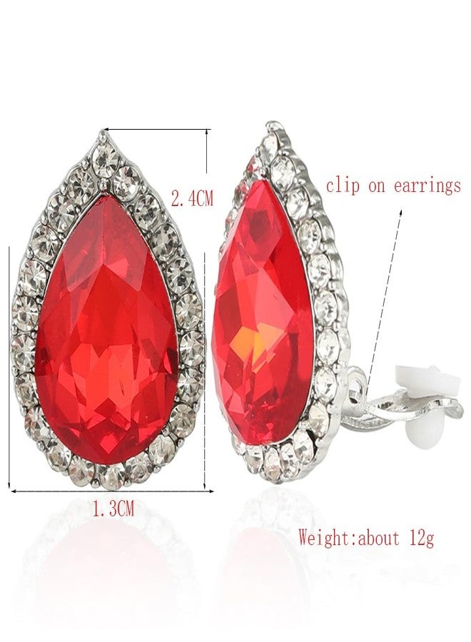 YINLI Gorgeous Austrian Crystal Rhinestone Teardrop Clip on Earrings Trendy Earring (Red) - Image 3