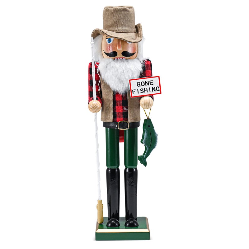 Ornativity Christmas Fisher Man Nutcracker Red and Green Wooden Fisherman Nutcracker Man with Fishing Rod and Fish in Hand Xmas Themed Holiday Nut Cracker Doll Figure Decorations 15