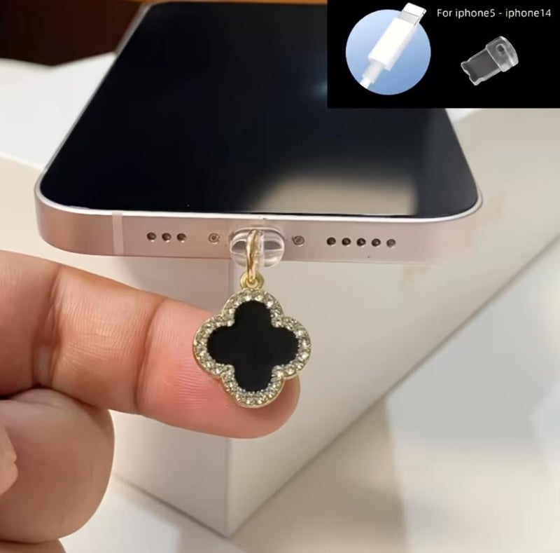 Universal Anti-Dust Plug Phone Charm & Wall Hook Set - Crystal Clover Pendant Port Protector Compatible with iPhone (Lightning) & USB-C Devices - Luxury Jewelry Accessory for Smartphones, Laptops - Image 2