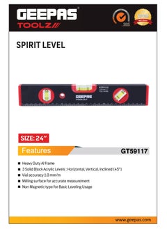 GEEPAS Geepas GT59117 Spirit Level, Small, Unbreakable Heavy Duty 24" Non-Magnetic Torpedo Level with 3 Level Bubbles, Shock Resistant, Hanging Hole, Scaffold Level for Builders & Construction Site  - Image 5