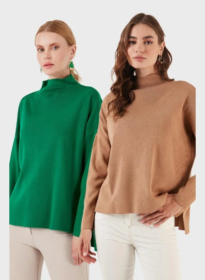 Lela Lela Cotton Long Back Standing Collar 2-Pack Knitwear Sweater Women's SWEATER 4615002S2