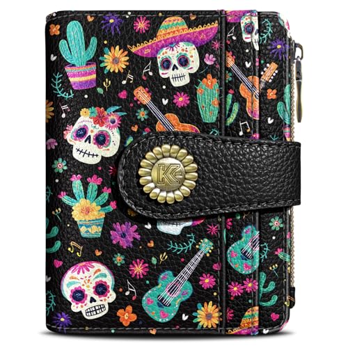 Kelvoris Skull Small Rfid Women Wallet Bifold Zipper Coin Pocket PU Leather Compact Cash Credit Card Holder Travel Wallet for Female Ladies Teen Girls 1 ID Window 10 Card Slots Day of The Dead - Image 1