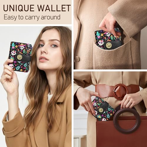 Kelvoris Skull Small Rfid Women Wallet Bifold Zipper Coin Pocket PU Leather Compact Cash Credit Card Holder Travel Wallet for Female Ladies Teen Girls 1 ID Window 10 Card Slots Day of The Dead - Image 2
