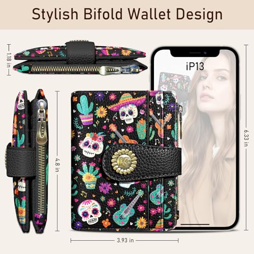 Kelvoris Skull Small Rfid Women Wallet Bifold Zipper Coin Pocket PU Leather Compact Cash Credit Card Holder Travel Wallet for Female Ladies Teen Girls 1 ID Window 10 Card Slots Day of The Dead - Image 5
