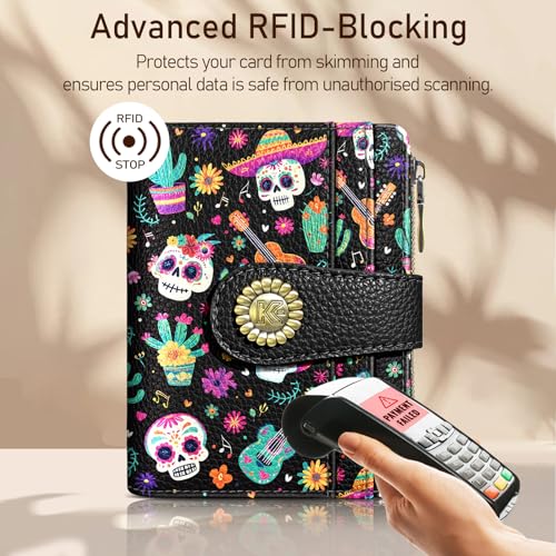 Kelvoris Skull Small Rfid Women Wallet Bifold Zipper Coin Pocket PU Leather Compact Cash Credit Card Holder Travel Wallet for Female Ladies Teen Girls 1 ID Window 10 Card Slots Day of The Dead - Image 3