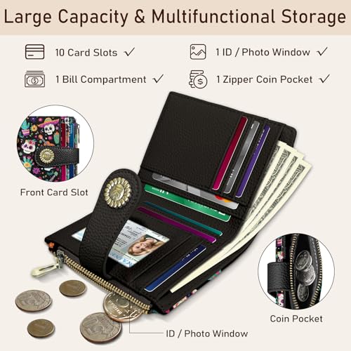 Kelvoris Skull Small Rfid Women Wallet Bifold Zipper Coin Pocket PU Leather Compact Cash Credit Card Holder Travel Wallet for Female Ladies Teen Girls 1 ID Window 10 Card Slots Day of The Dead - Image 4