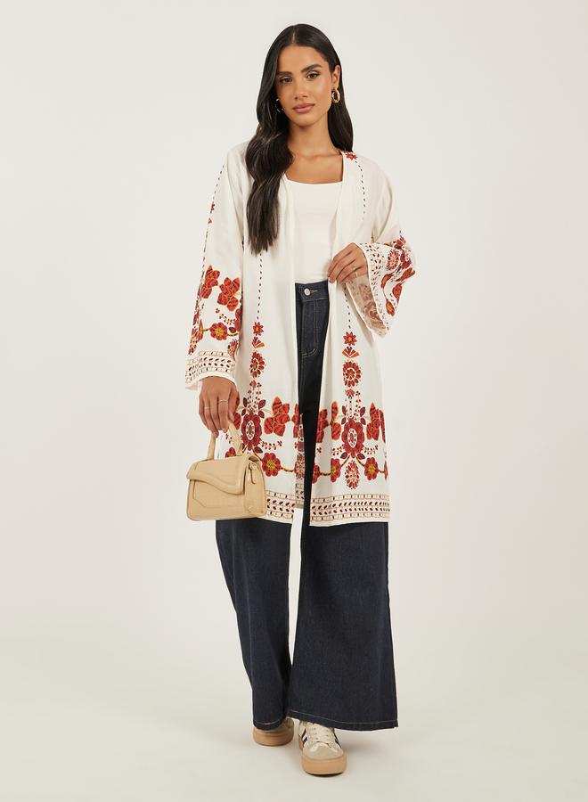 ستايلي كيمونو بطبعة زهور بقصة عادية بطول الركبة - Image 1