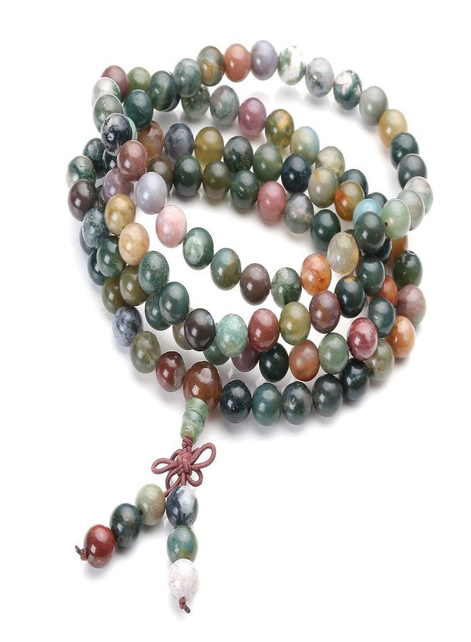 Jovivi 108 Mala Beads Bracelet 8mm Natural Indian Agate Gemstone Healing Crystal Stone Beaded Bracelet Hand Knotted Prayer Mala Beads Necklace for Yoga Meditation Balance - Image 1