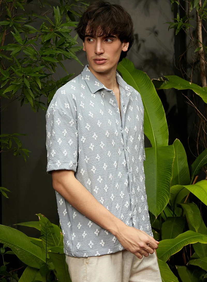 Campus Sutra  Men's Baby Blue Floral-Tactile Oversized Shirt for Men | Best Price UAE