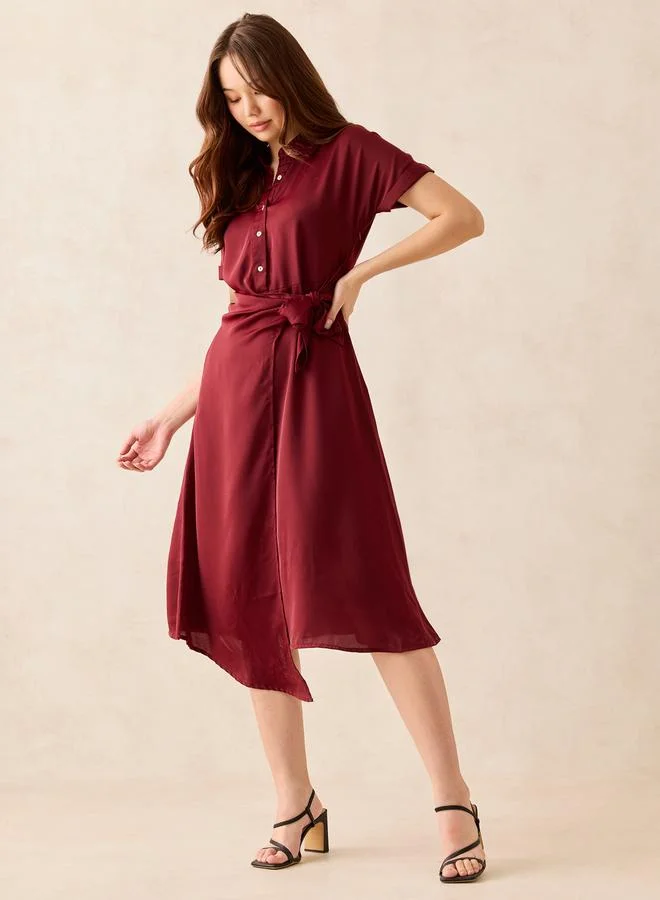Outzidr  Maroon Wrap Front Shirt Midi Dress for Women | Best Price UAE