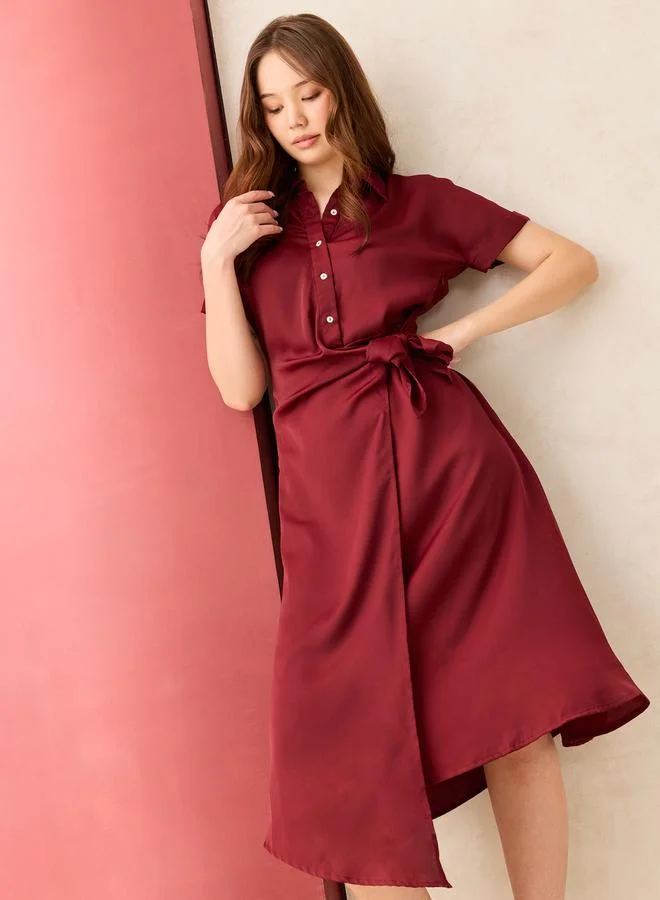 Outzidr  Maroon Wrap Front Shirt Midi Dress for Women | Best Price UAE