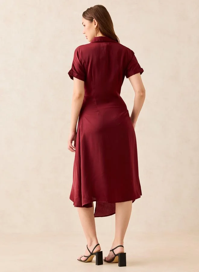 Outzidr  Maroon Wrap Front Shirt Midi Dress for Women | Best Price UAE