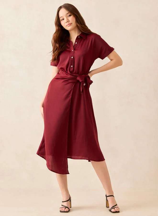 Outzidr  Maroon Wrap Front Shirt Midi Dress for Women | Best Price UAE