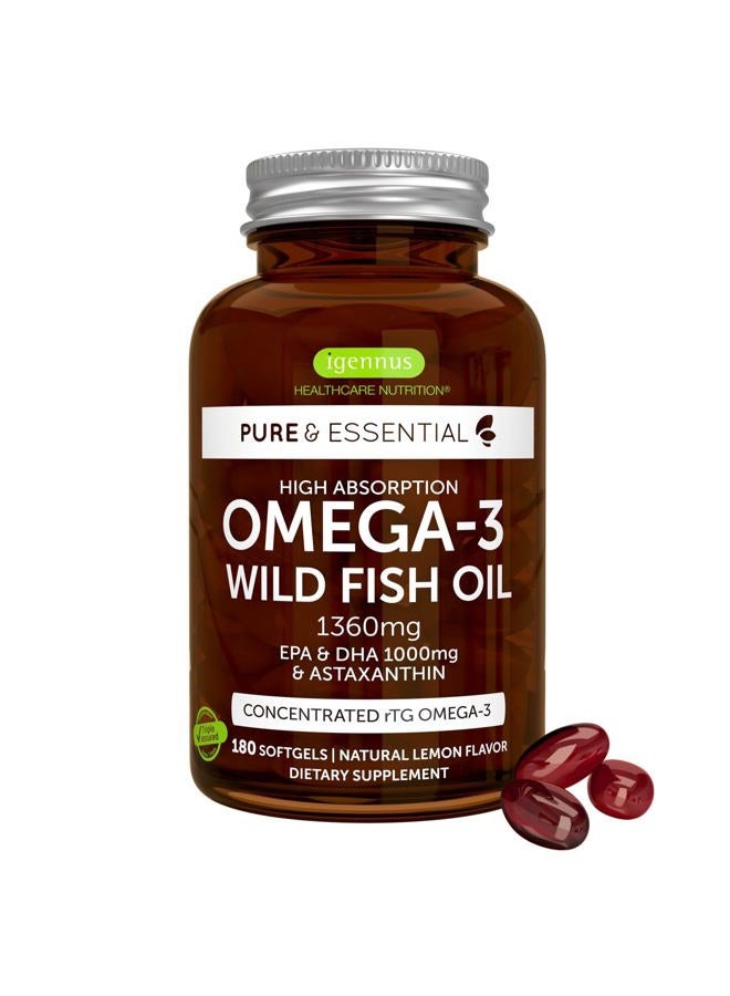 Igennus Ultra Pure Omega 3 Triglyceride rTG Wild Fish Oil 1360mg, IFOS Certified, EPA DHA 1000mg Plus Astaxanthin, Non-GMO, for Men & Women, 180 Softgels - Image 1