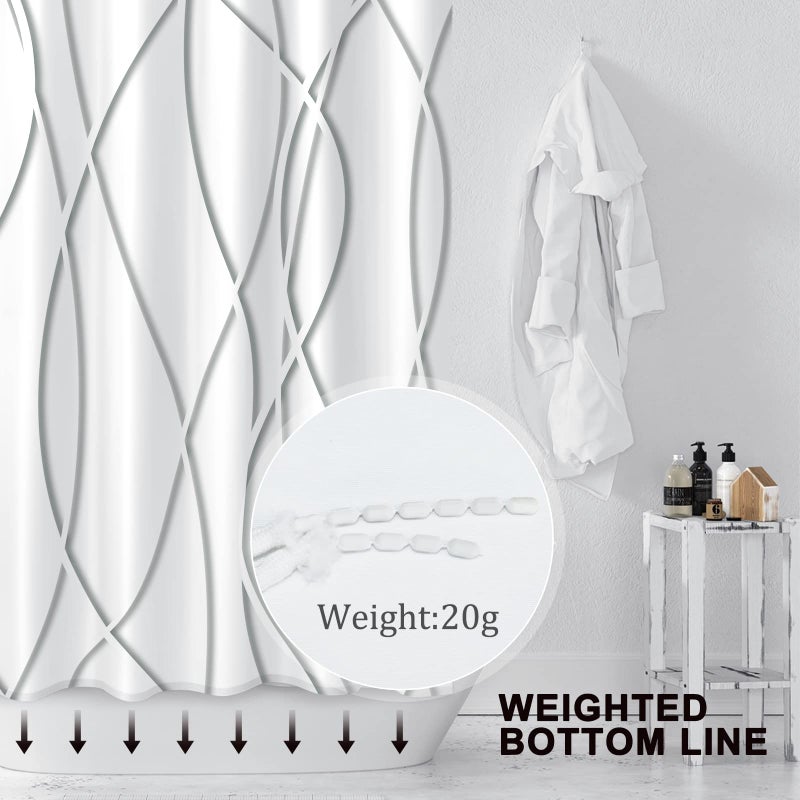 Punkray Grey Shadow Shower Curtain for Bathroom with Hooks, Shower Curtain Set Stripe Bath Curtains Decor White Shower Curtains Weighted Hem Washable, 72 x 72 - Image 2
