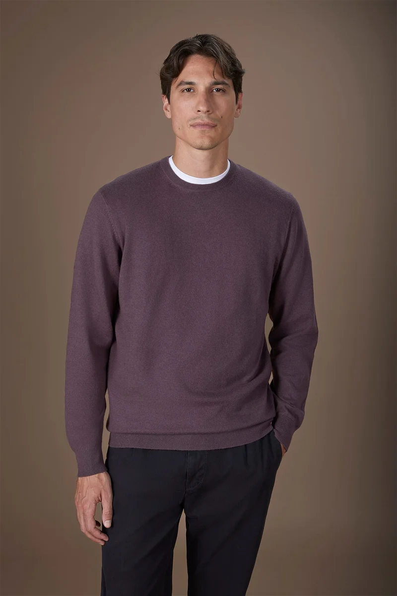 Men's regular fit crew neck jumper in wool and cotton - Mauve