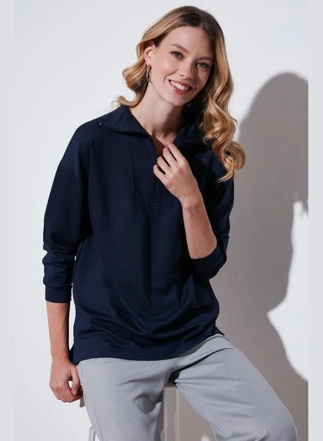 Lela Lela Regular Fit Zip-Up Collar Short Front Long Back Sweatshirt Women's Sweatshirt 5865876