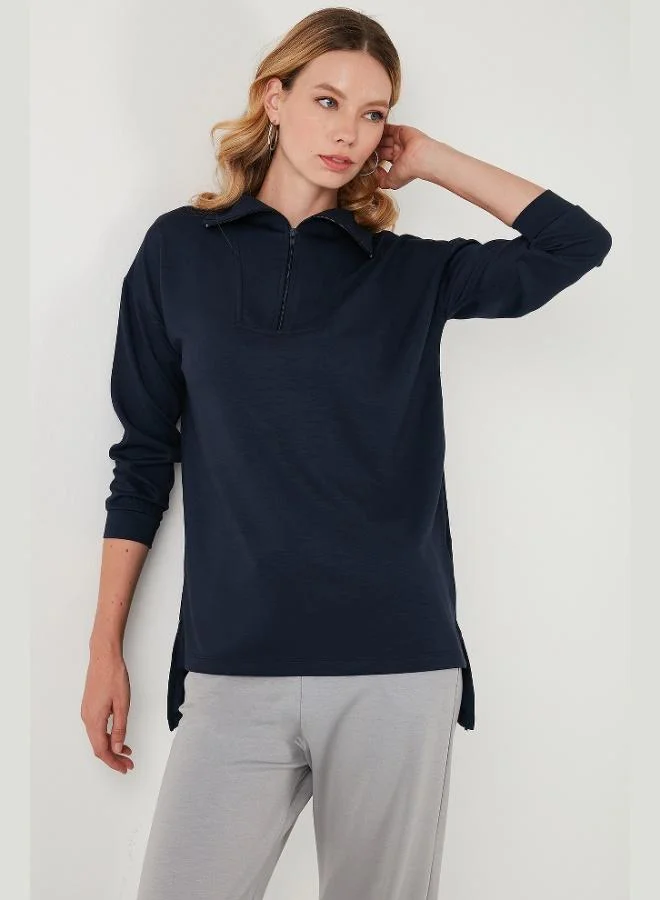 Lela Lela Regular Fit Zip-Up Collar Short Front Long Back Sweatshirt Women's Sweatshirt 5865876