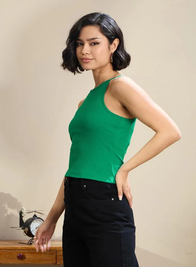 SASSAFRAS Sassafras Green Ribbed Strappy Crop Top