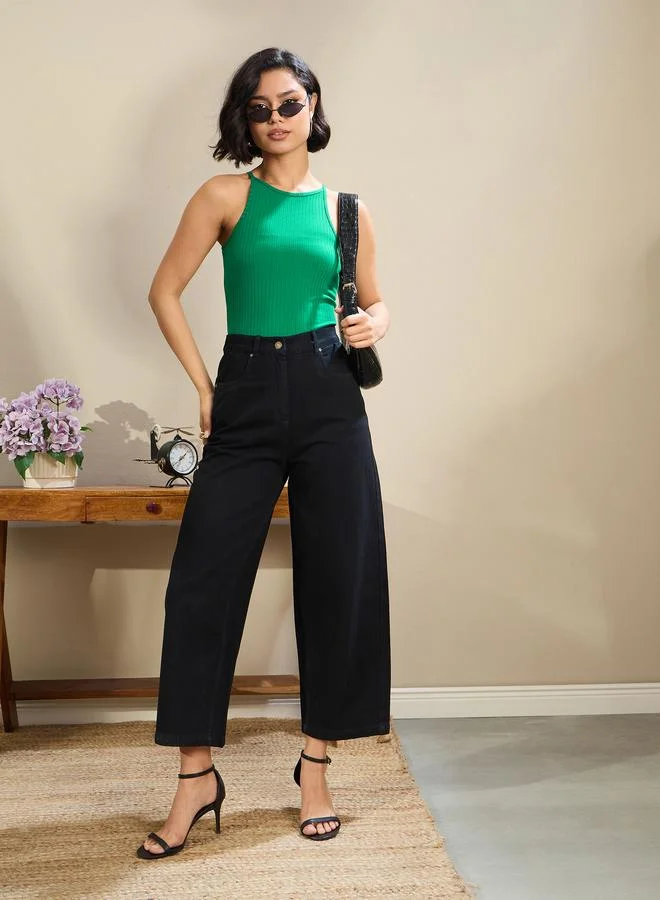 SASSAFRAS Sassafras Green Ribbed Strappy Crop Top