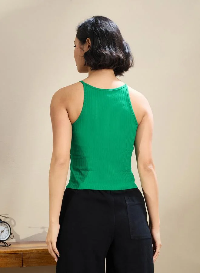 SASSAFRAS Sassafras Green Ribbed Strappy Crop Top